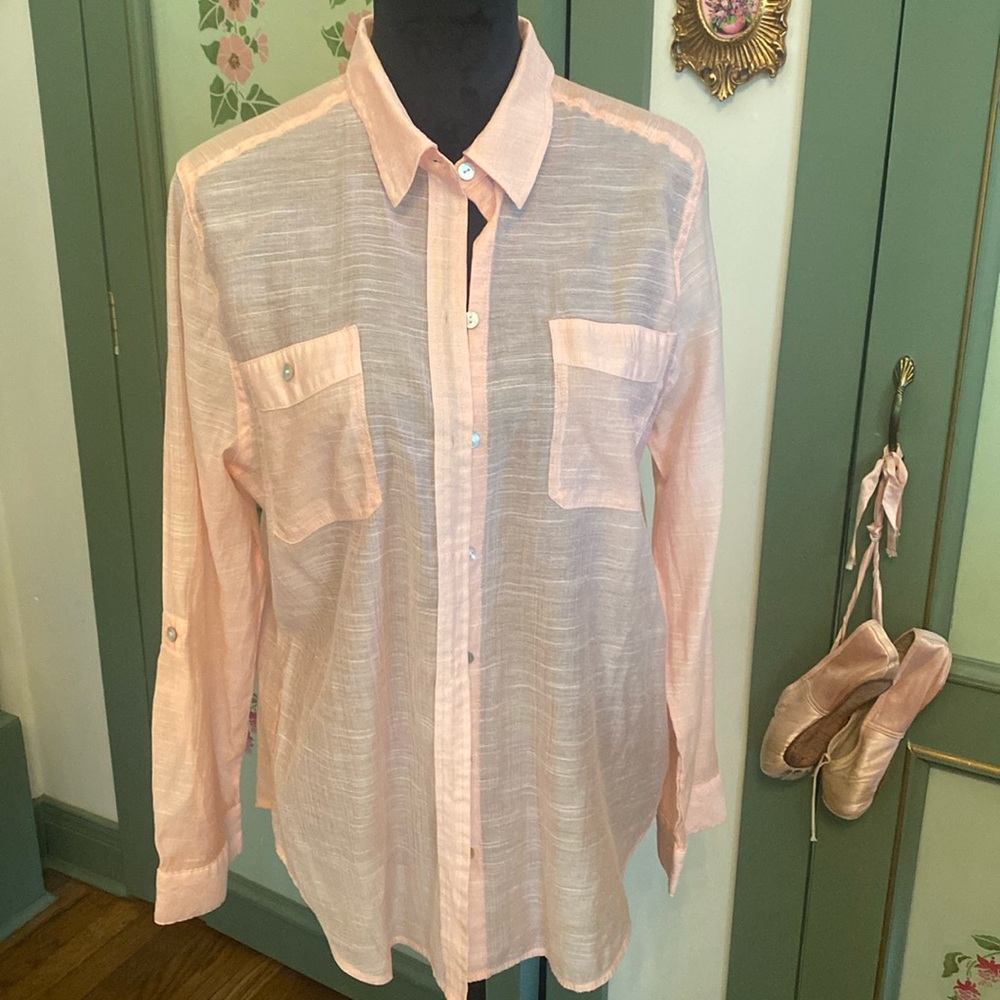 CHICO'S SHEER BUTTON DOWN LONG SLEEVE PEACH SHIRT Size 2